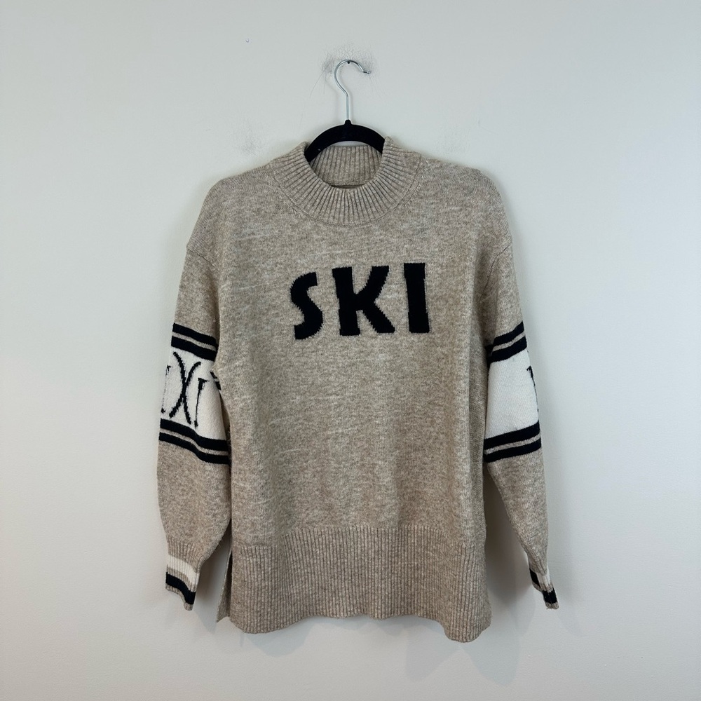Lou & Grey Tan Beige "Ski" Graphic Crewneck Mockneck Sweater Size Medium